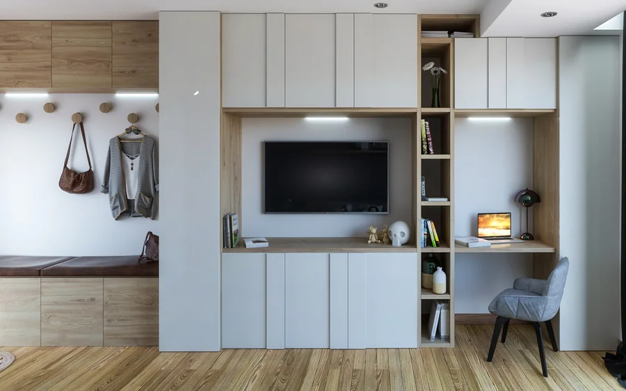 Photorealistic render of fitted bedroom cabinetry