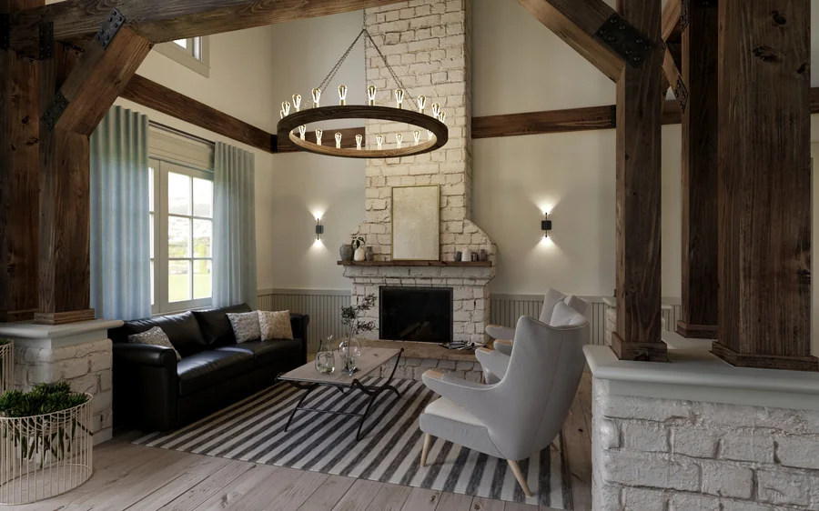 Mood render of a ranch house lobby, warm evening light