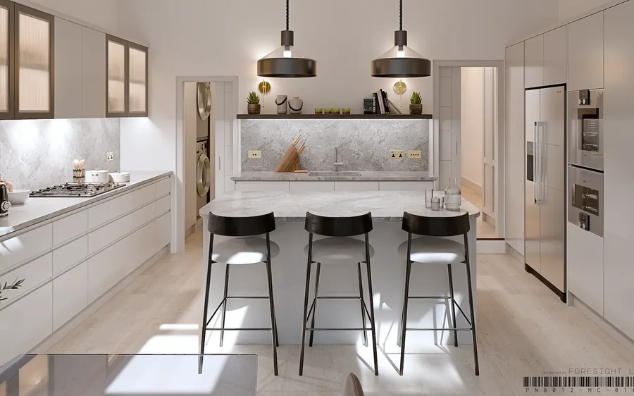 The kitchen and dining render developed from that layout