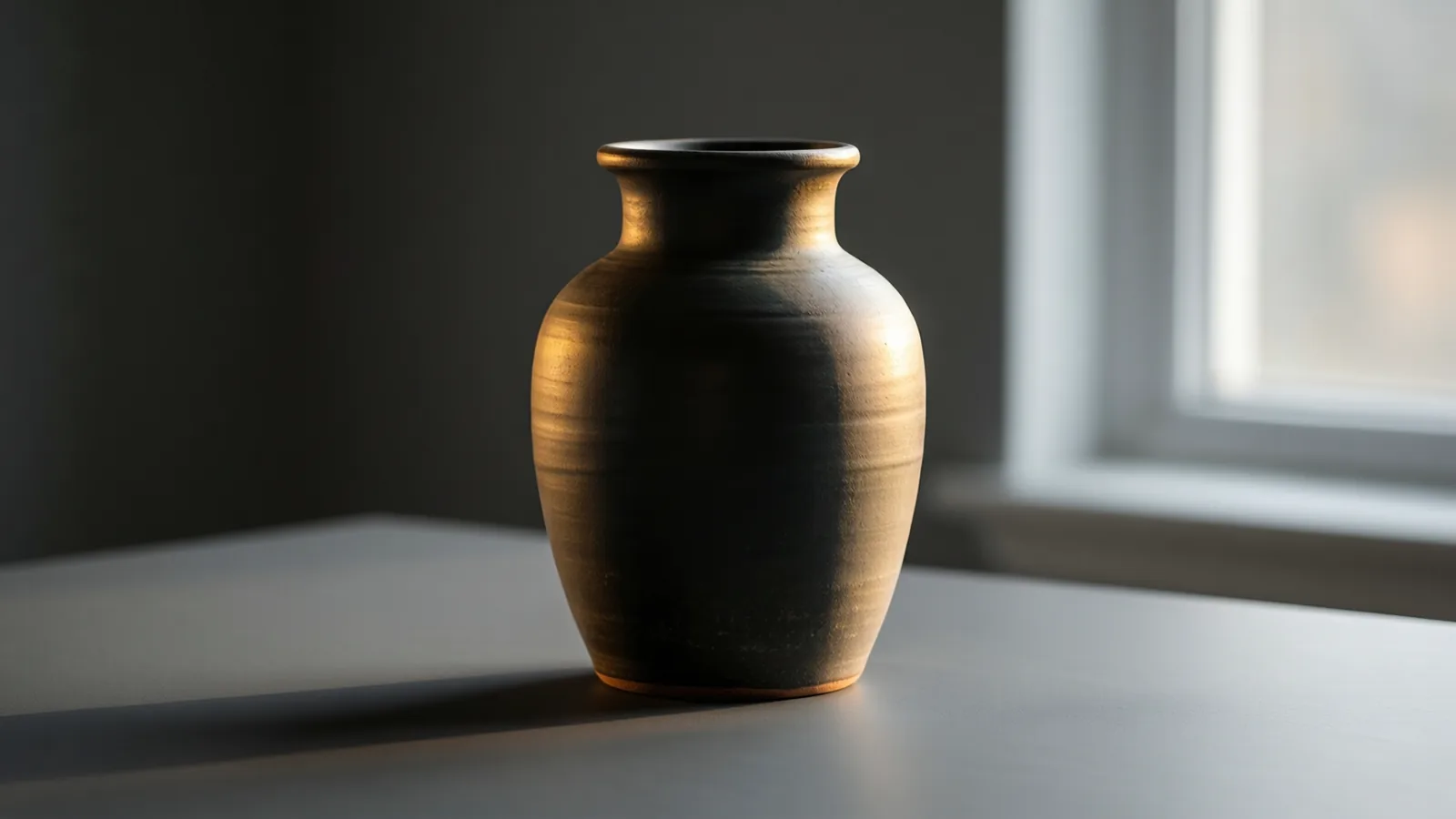 A stoneware vase photographed as a catalogue product shot on a grey sweep