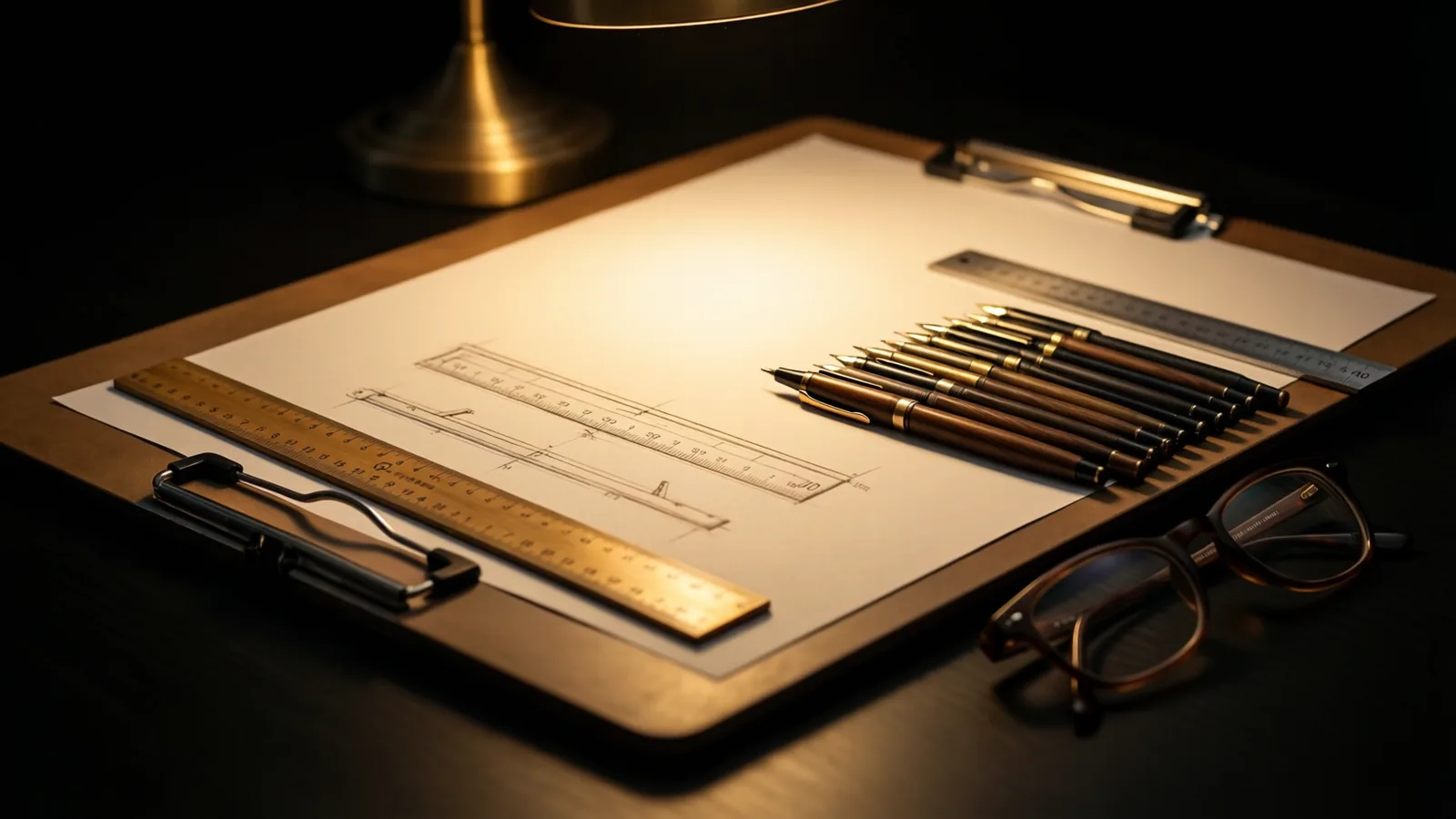 A drawing board with tracing paper, parallel rule and technical pens