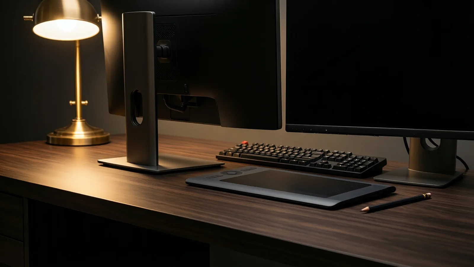 A studio workstation with two monitors, keyboard and graphics tablet