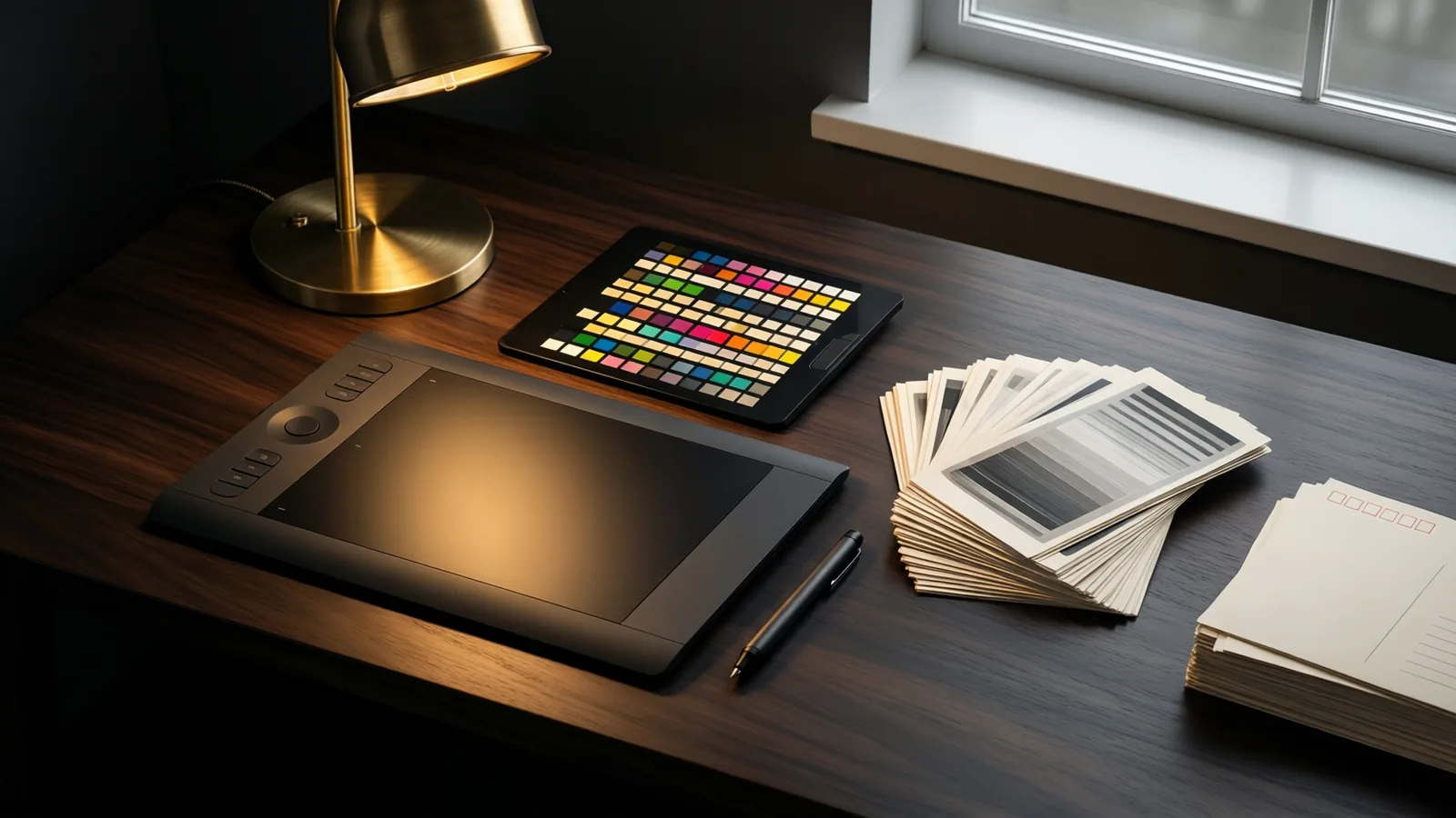 A colour-managed desk with graphics tablet, colour chart and test prints