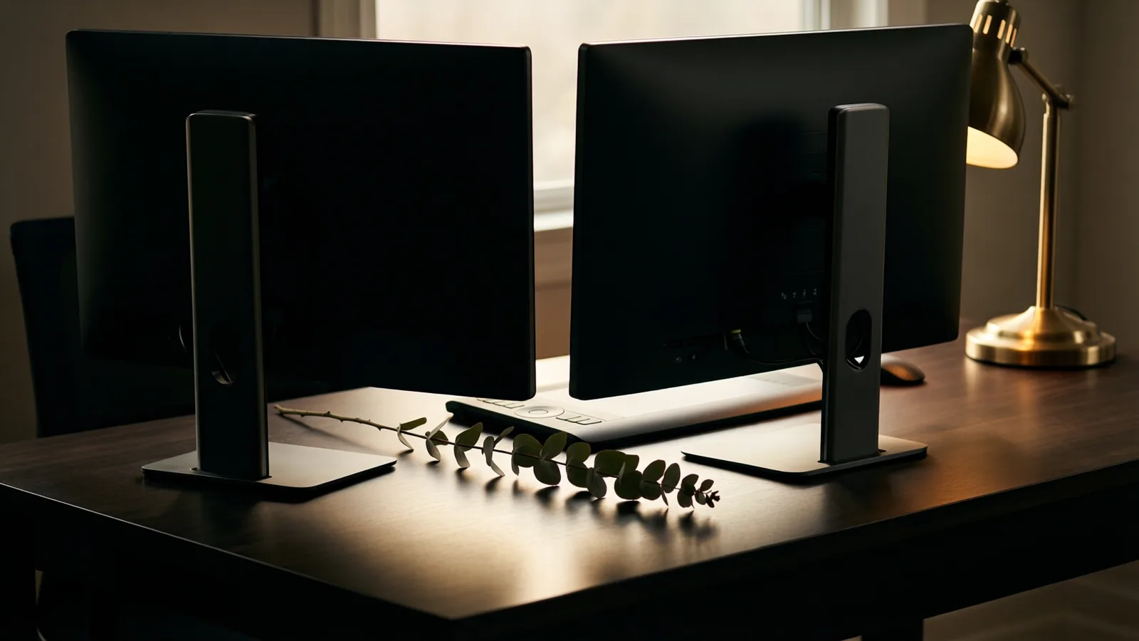 A studio workstation with two monitors, keyboard and graphics tablet
