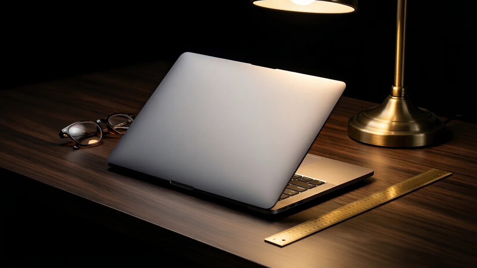 A closed laptop and brass desk lamp on a dark walnut studio desk