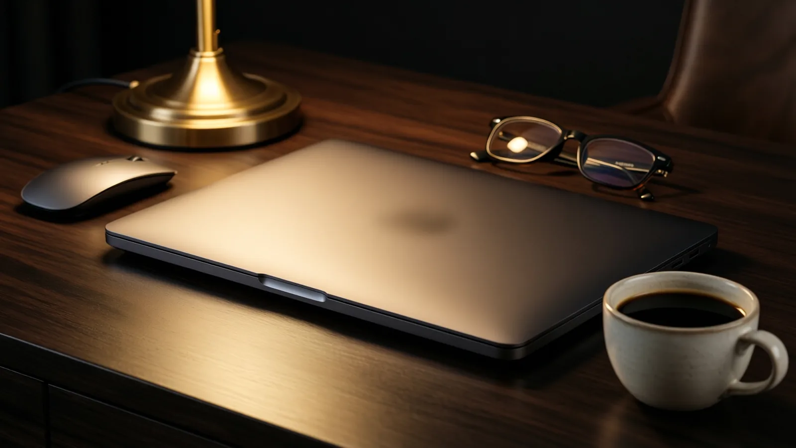 A closed laptop and brass desk lamp on a dark walnut studio desk