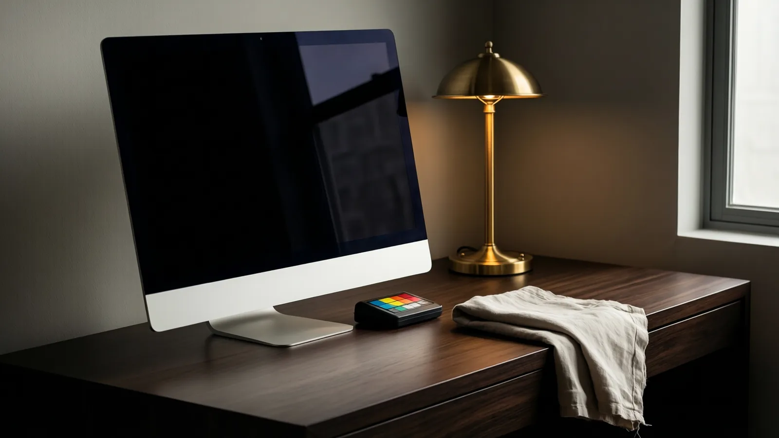 A large monitor switched off on a dark desk beside a calibration puck