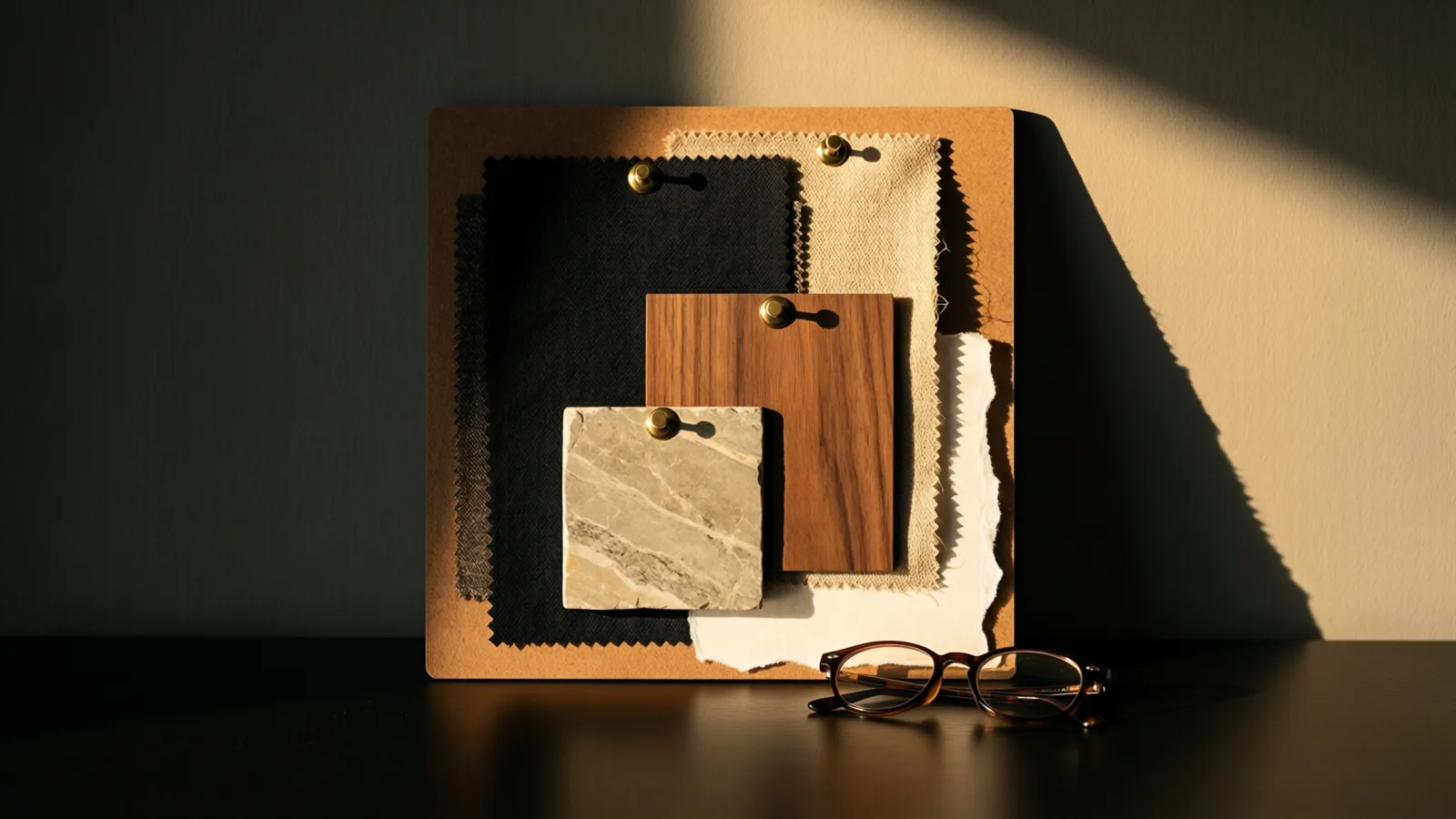 A concept board layered with fabric, stone and timber samples