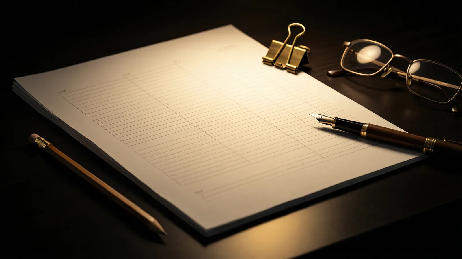 A printed project schedule on a dark desk with a fountain pen