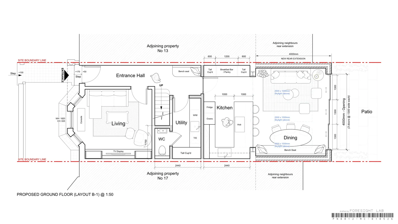 A proposed ground floor at 1:50, layout B-1 — dimensioned, hatched and ready to issue