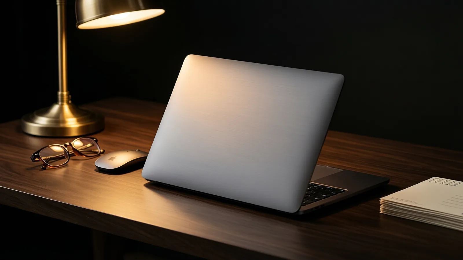 A closed laptop and brass desk lamp on a dark walnut studio desk