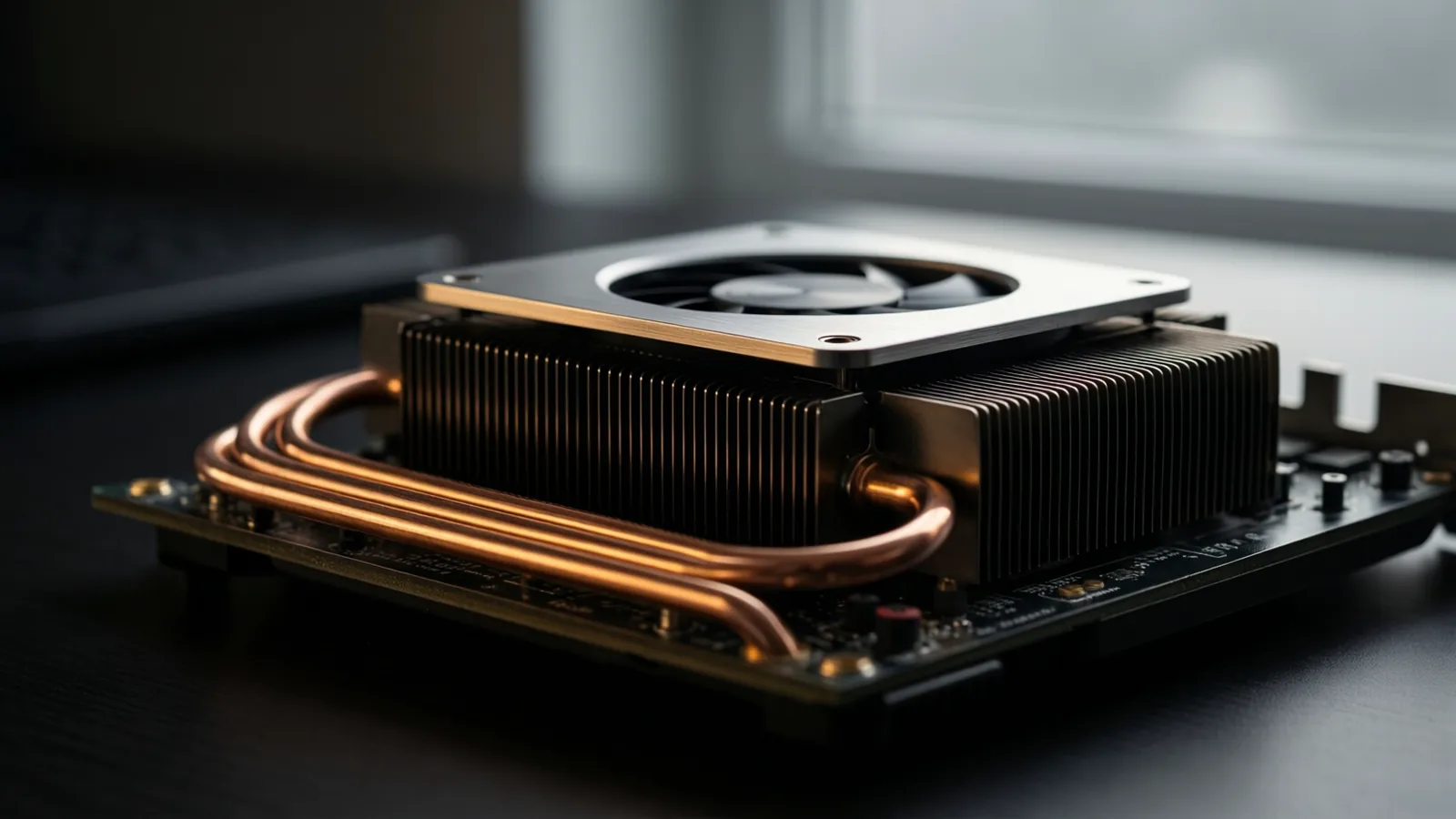 Macro detail of a graphics card heatsink and copper heat pipes