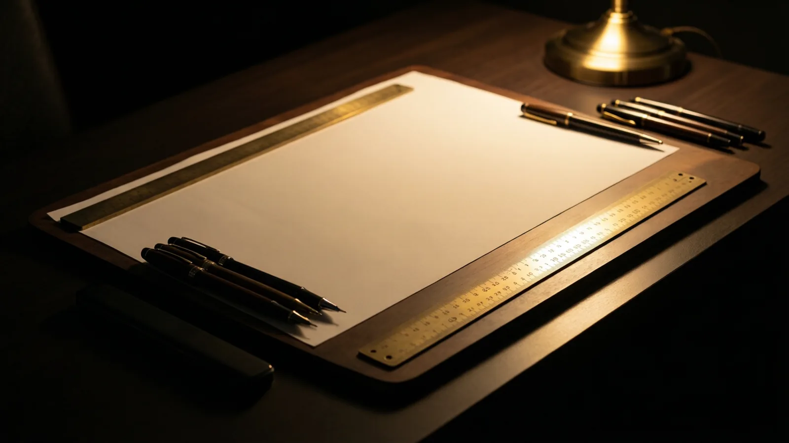 A drawing board with tracing paper, parallel rule and technical pens