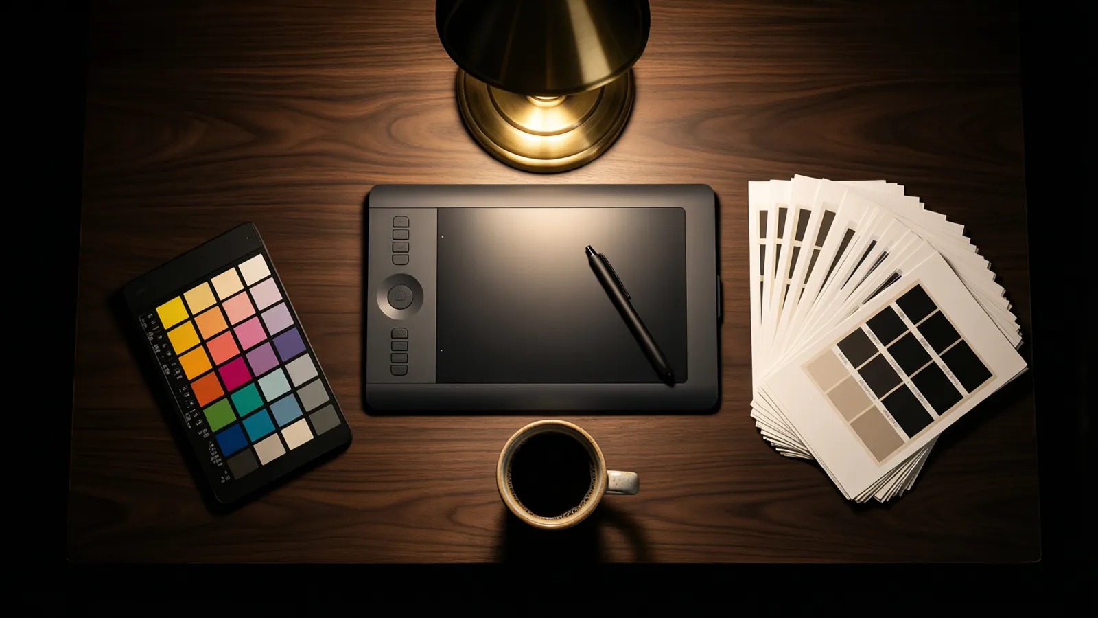 A colour-managed desk with graphics tablet, colour chart and test prints