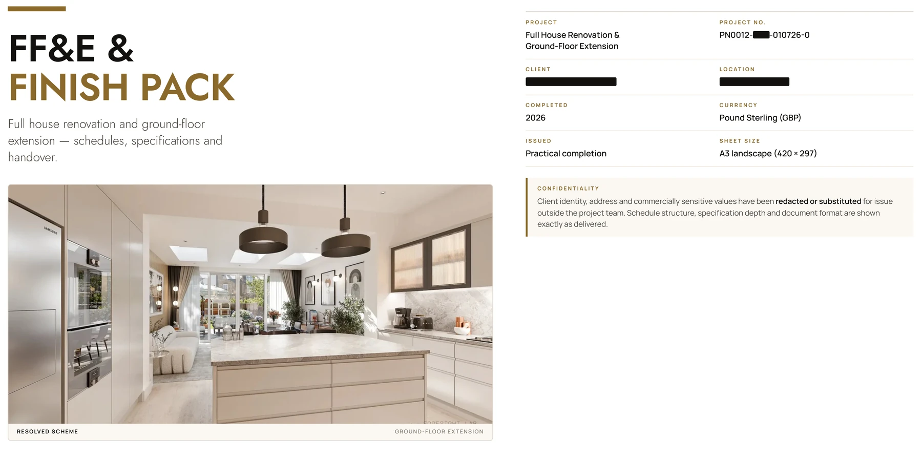 The cover of an FF&E and finish pack &mdash; project reference, currency, sheet size, a confidentiality note, and the resolved kitchen scheme the schedule was written against