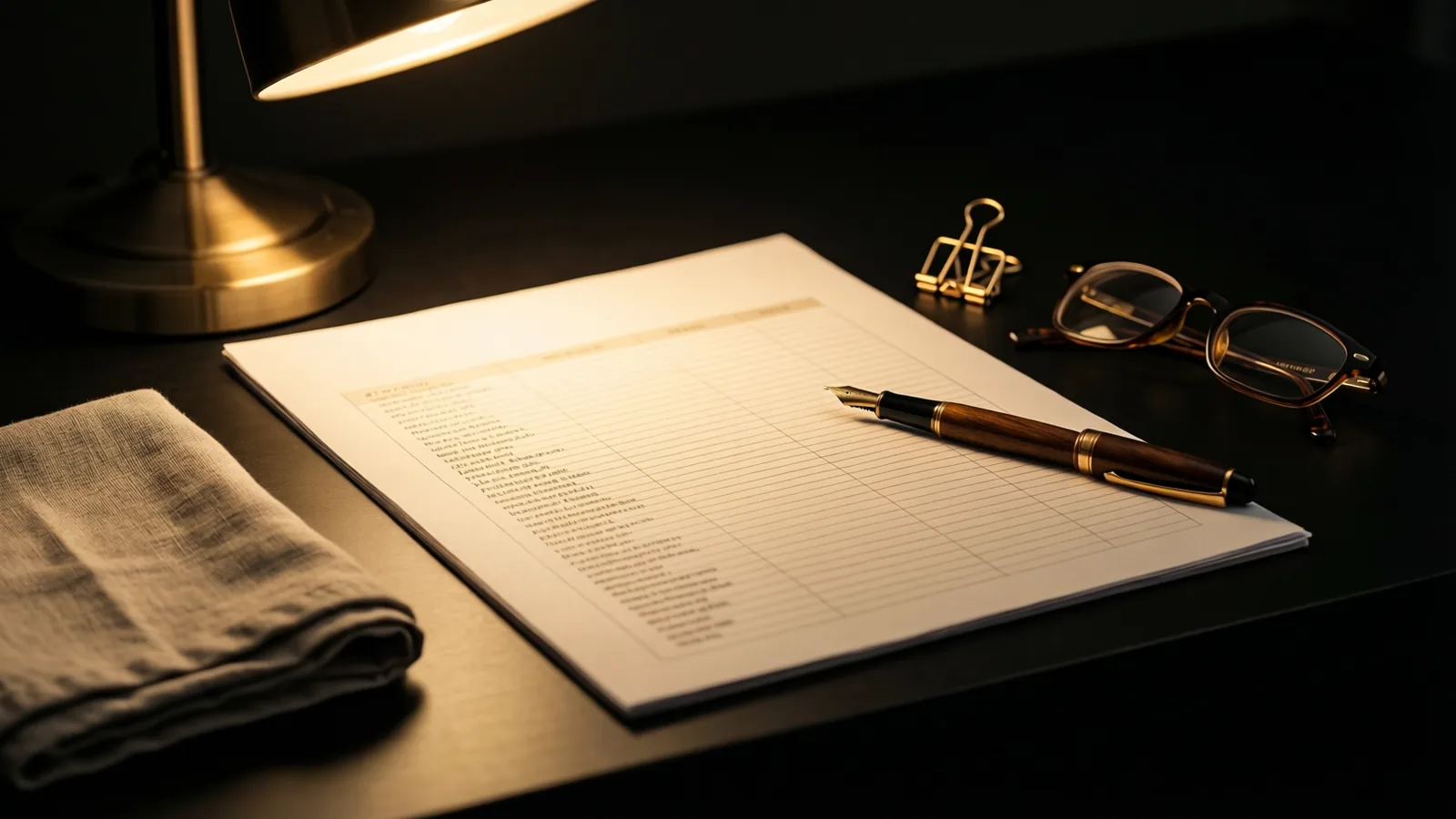 A printed project schedule on a dark desk with a fountain pen
