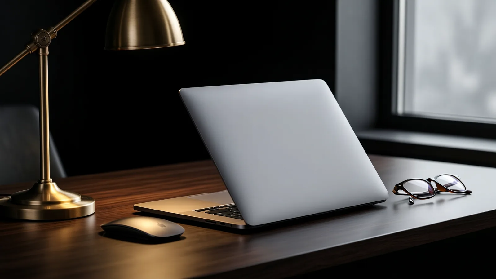 A closed laptop and brass desk lamp on a dark walnut studio desk