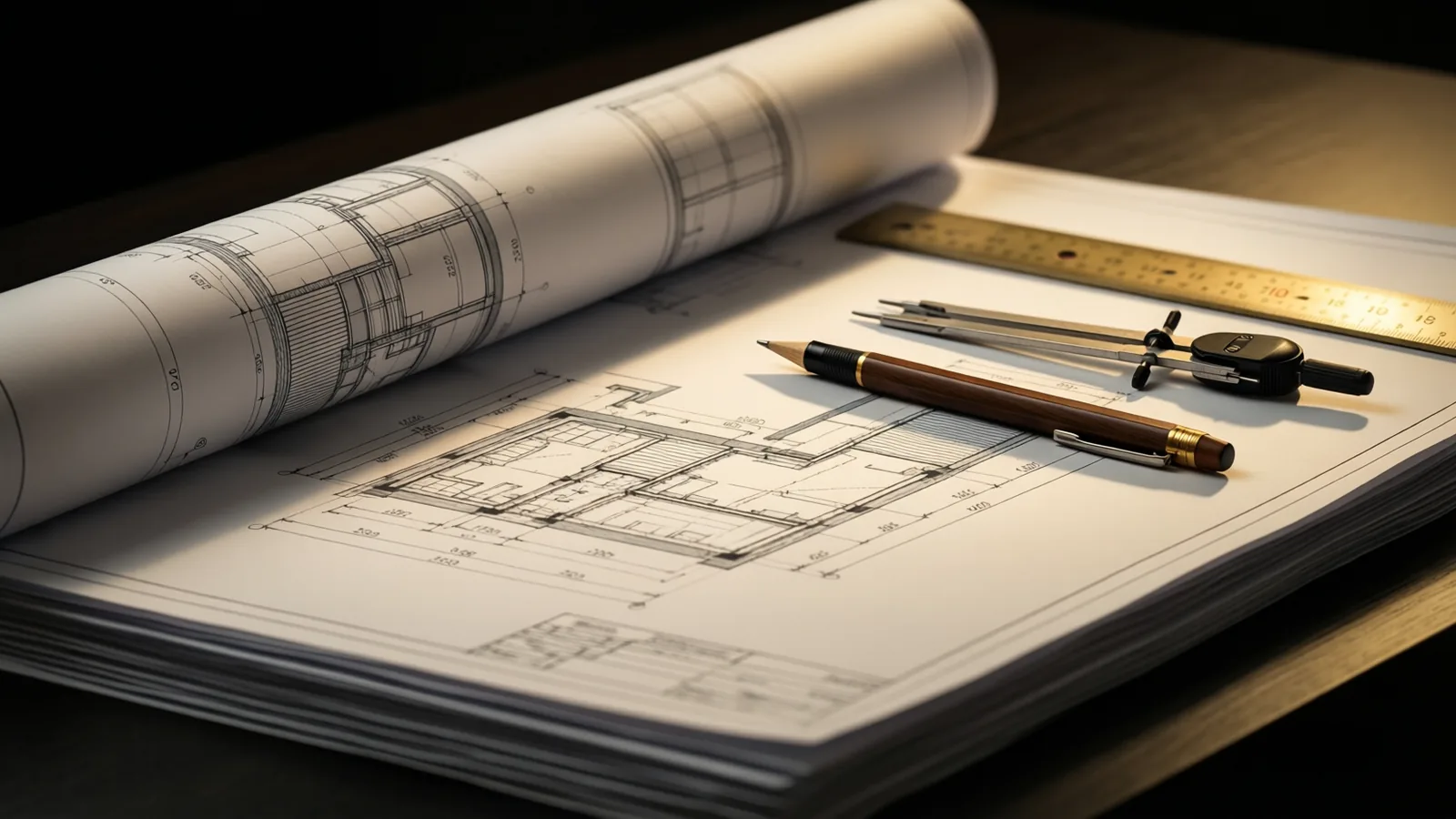 Rolled and flat architectural drawings with a scale rule and dividers