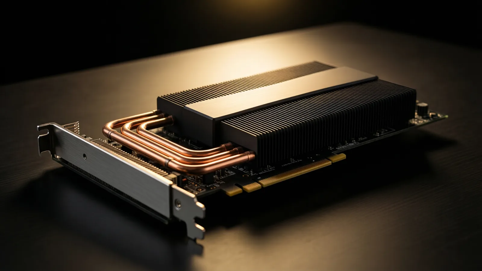 Macro detail of a graphics card heatsink and copper heat pipes