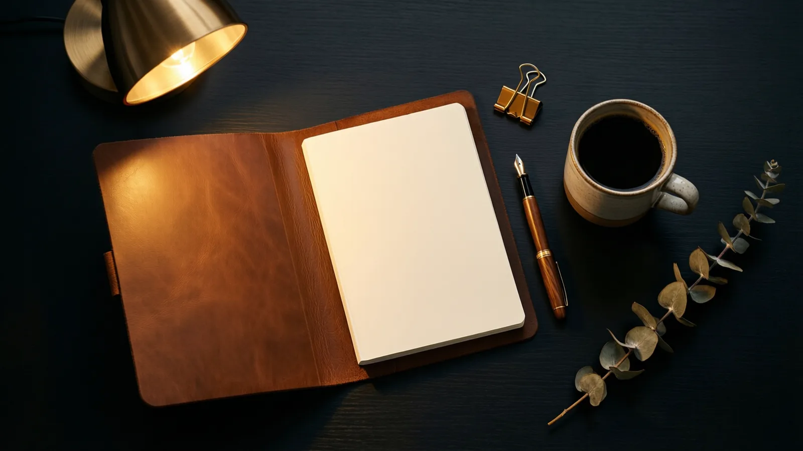 An open leather document folder, fountain pen and stoneware coffee cup