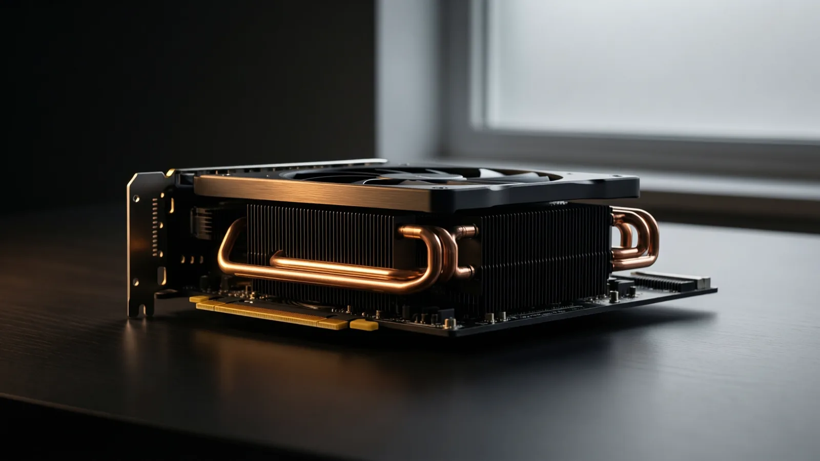Macro detail of a graphics card heatsink and copper heat pipes