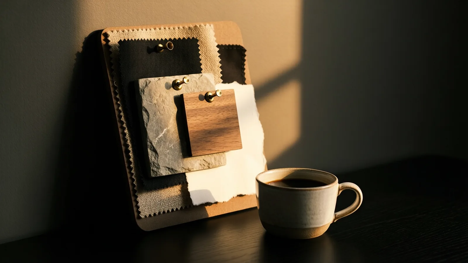 A concept board layered with fabric, stone and timber samples