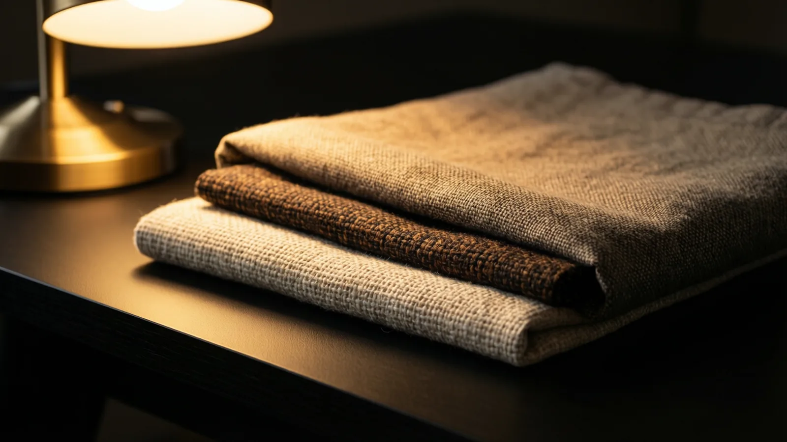 Macro detail of folded linen, wool boucle and slubbed weave