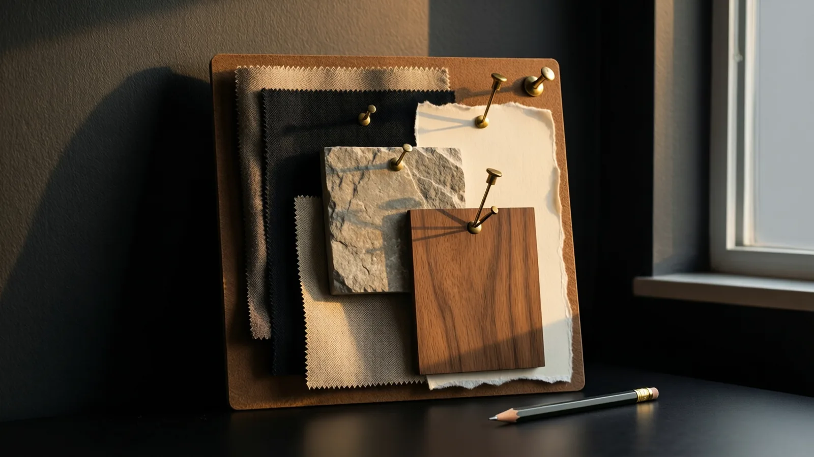 A concept board layered with fabric, stone and timber samples