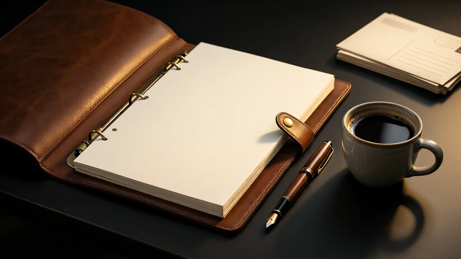 An open leather document folder, fountain pen and stoneware coffee cup