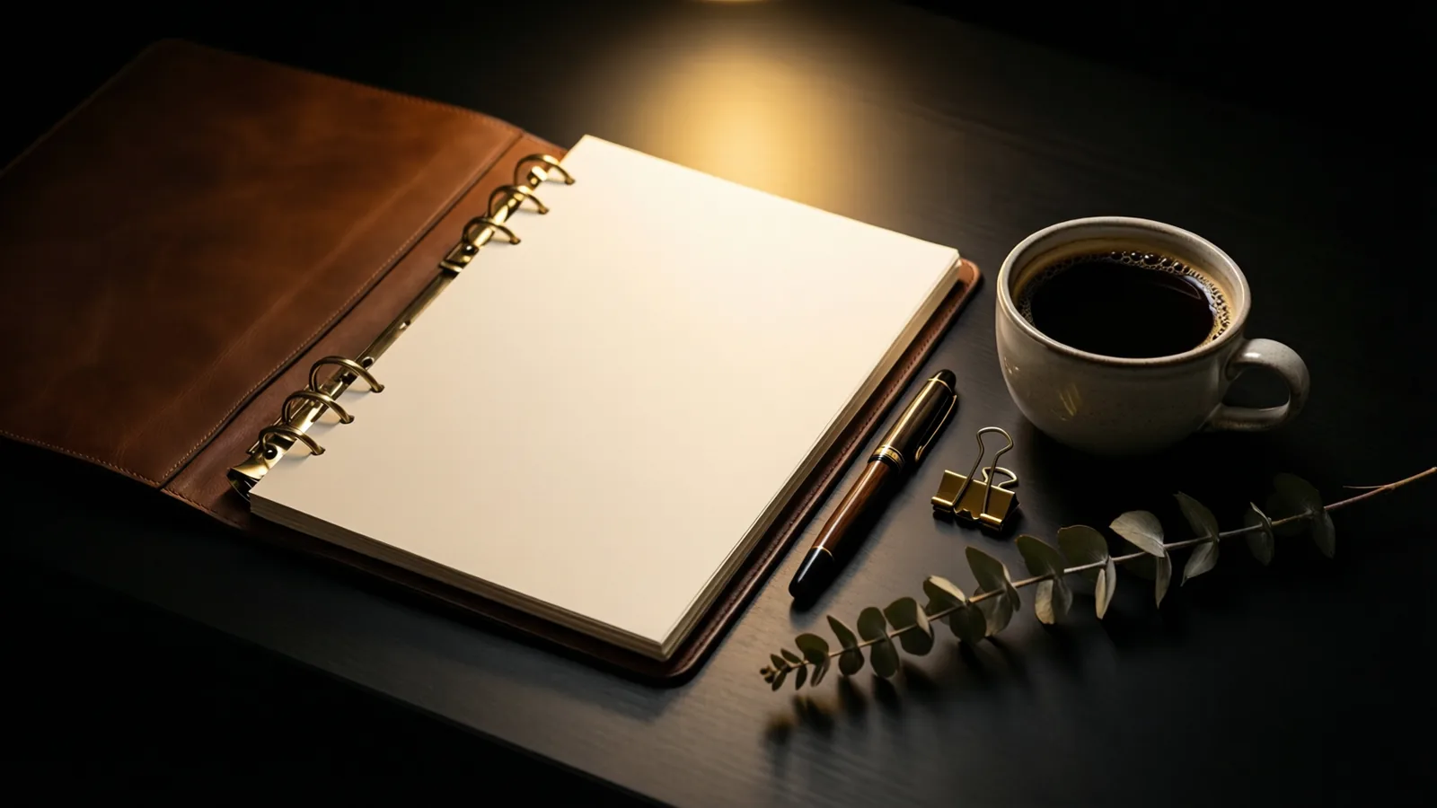 An open leather document folder, fountain pen and stoneware coffee cup