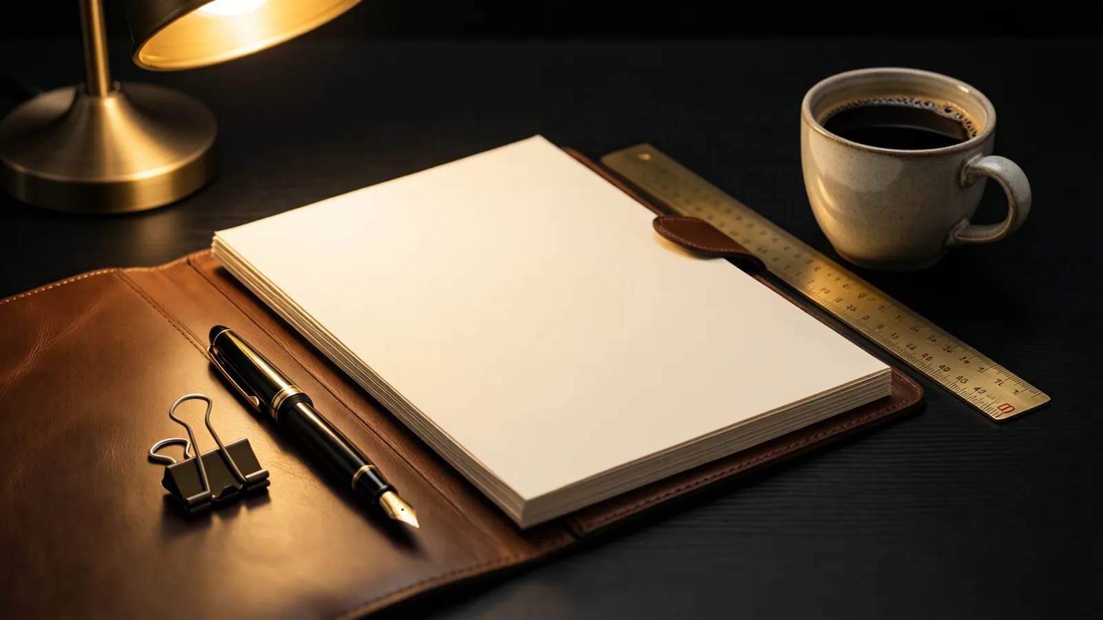 An open leather document folder, fountain pen and stoneware coffee cup