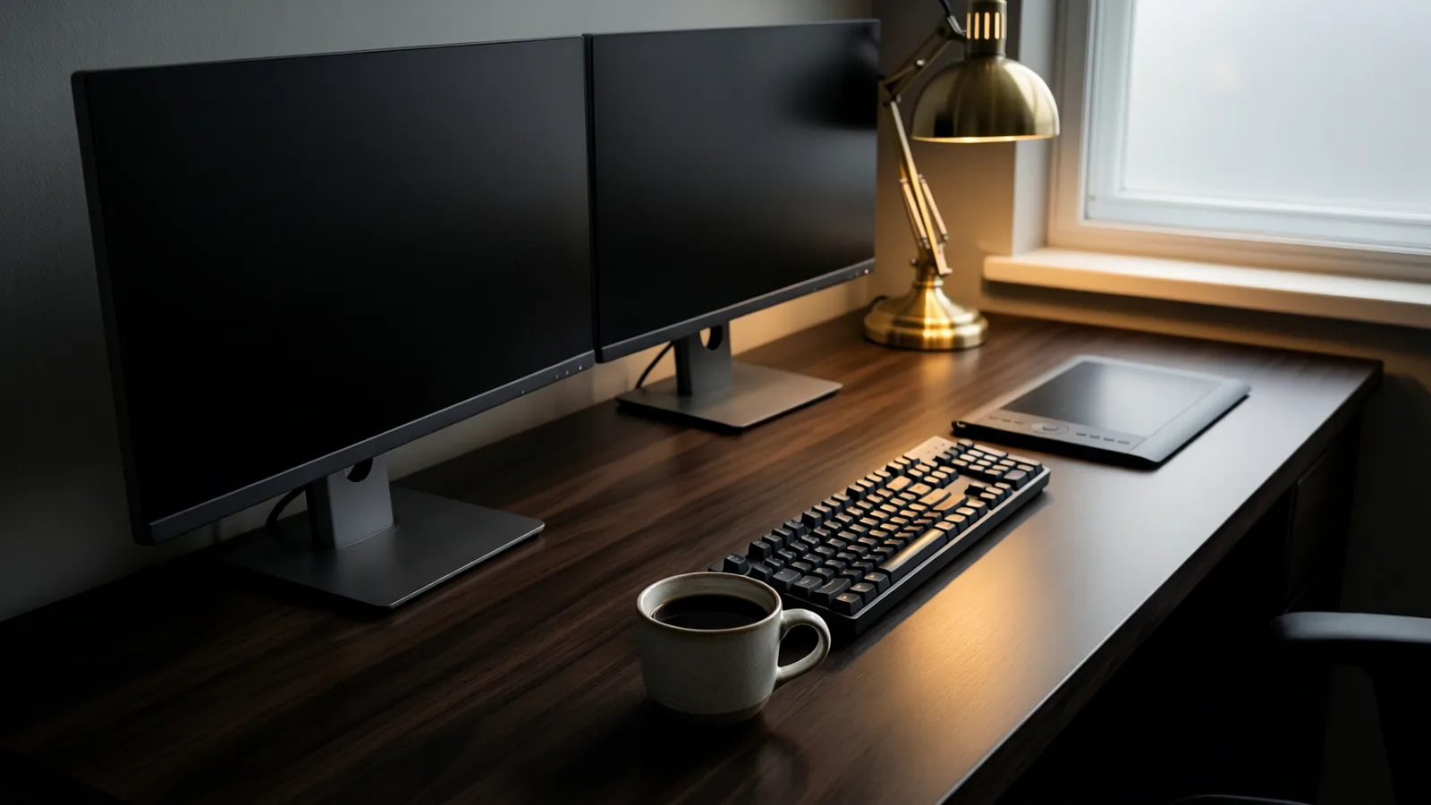 A studio workstation with two monitors, keyboard and graphics tablet