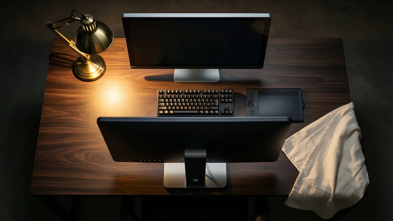 A studio workstation with two monitors, keyboard and graphics tablet