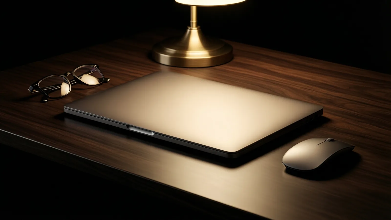 A closed laptop and brass desk lamp on a dark walnut studio desk