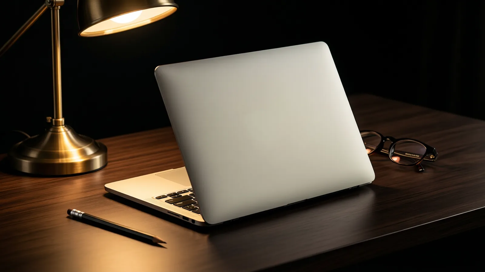 A closed laptop and brass desk lamp on a dark walnut studio desk