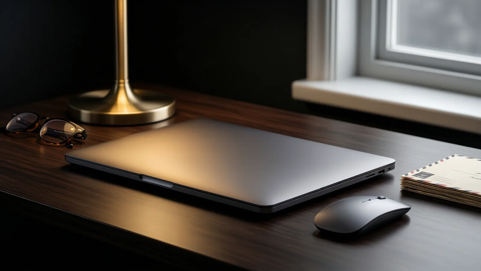 A closed laptop and brass desk lamp on a dark walnut studio desk