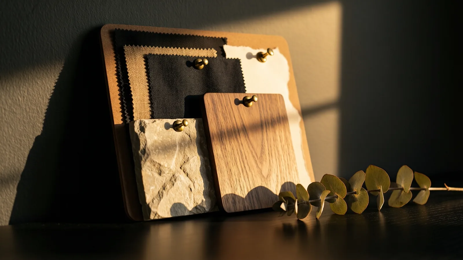 A concept board layered with fabric, stone and timber samples