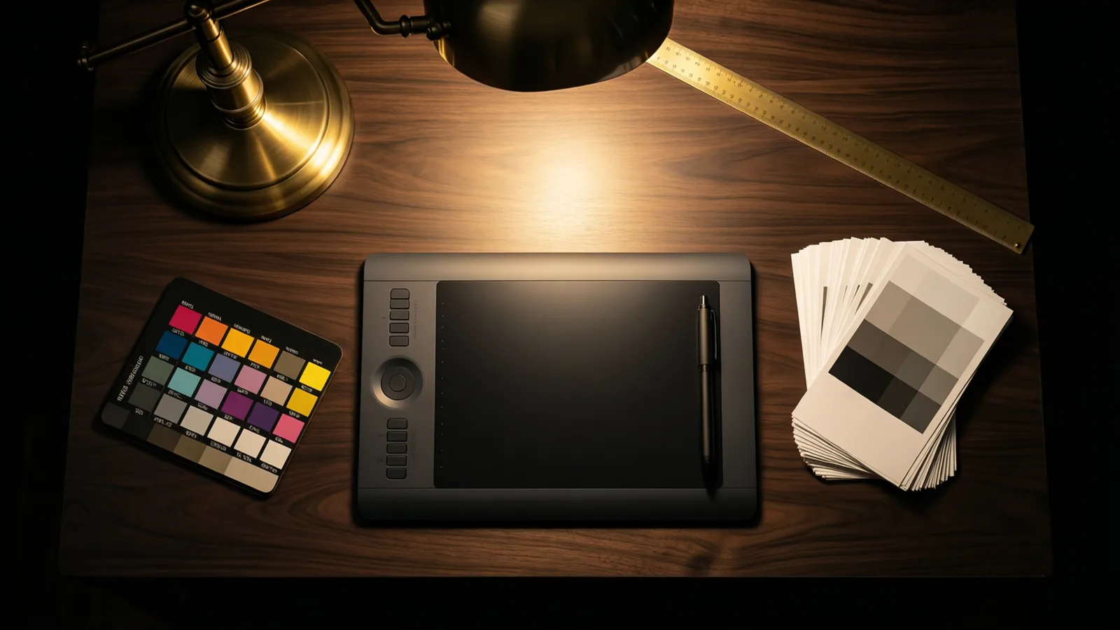 A colour-managed desk with graphics tablet, colour chart and test prints