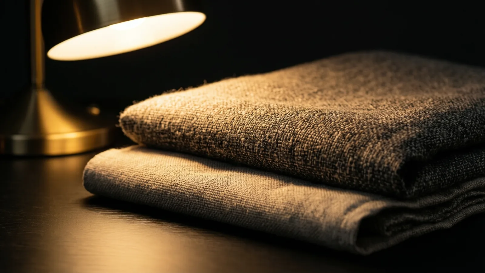 Macro detail of folded linen, wool boucle and slubbed weave
