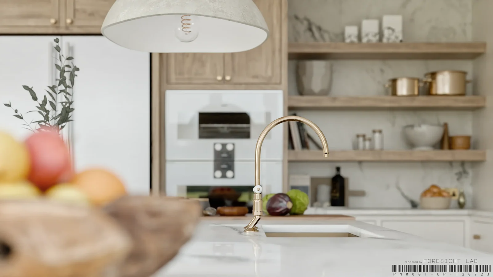 The same kitchen as the image above, from a second camera — the model, the materials and the lighting are the ones already built; only the view is new