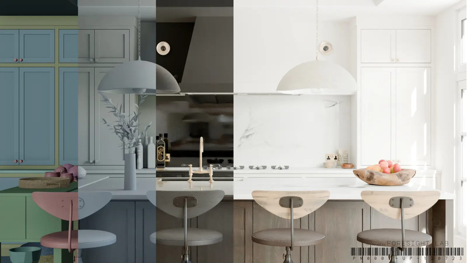 Grey-clay viewport beside the finished render of the same interior view — where the cost goes in 3D rendering