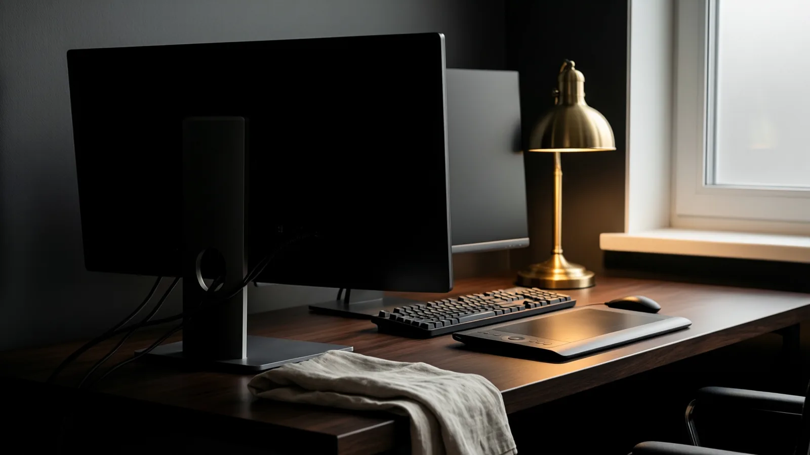 A studio workstation with two monitors, keyboard and graphics tablet