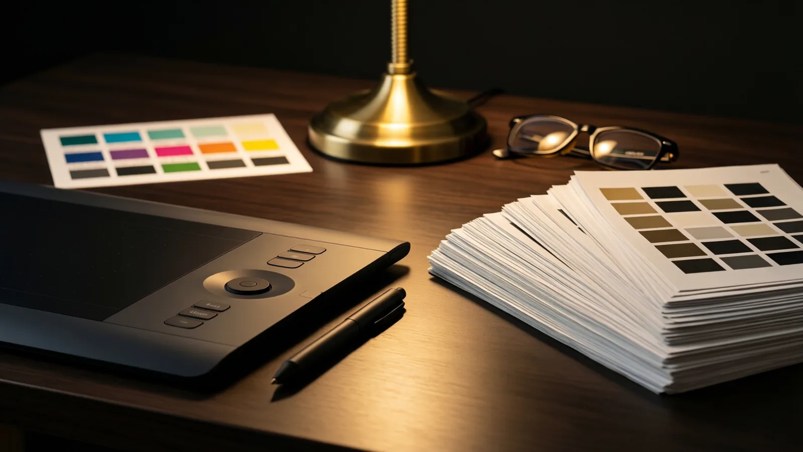 A colour-managed desk with graphics tablet, colour chart and test prints