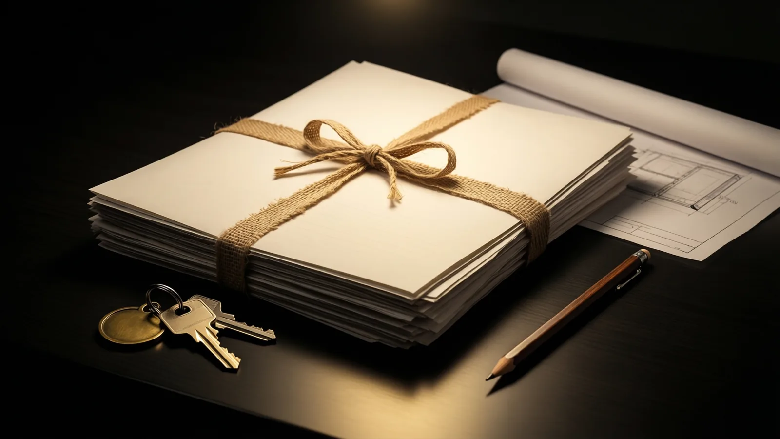A stack of finished project documents tied with linen tape, and keys