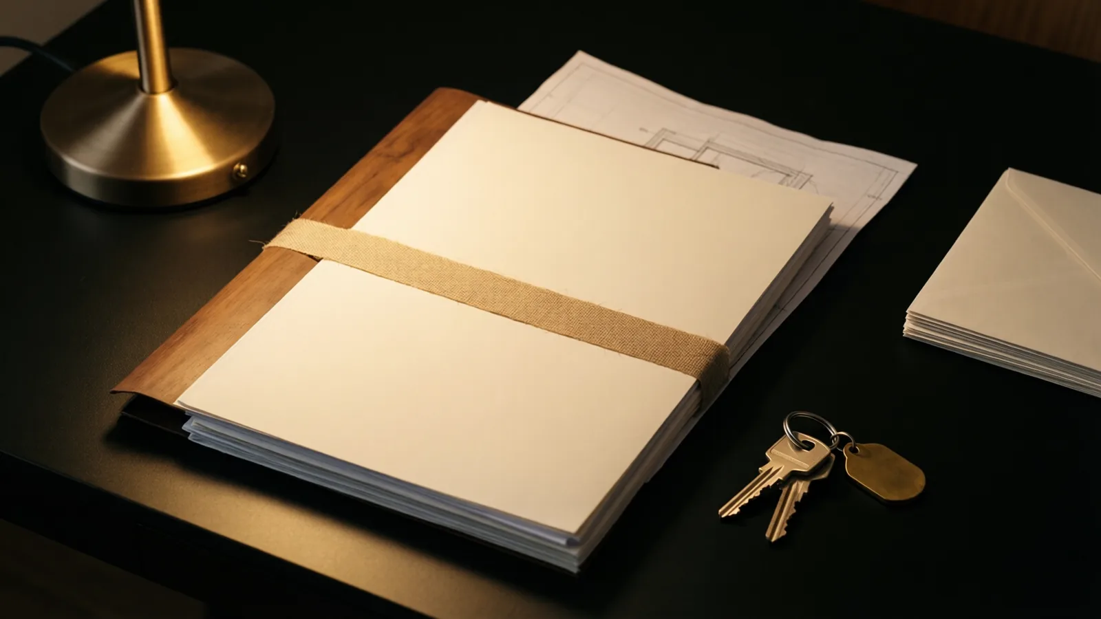 A stack of finished project documents tied with linen tape, and keys