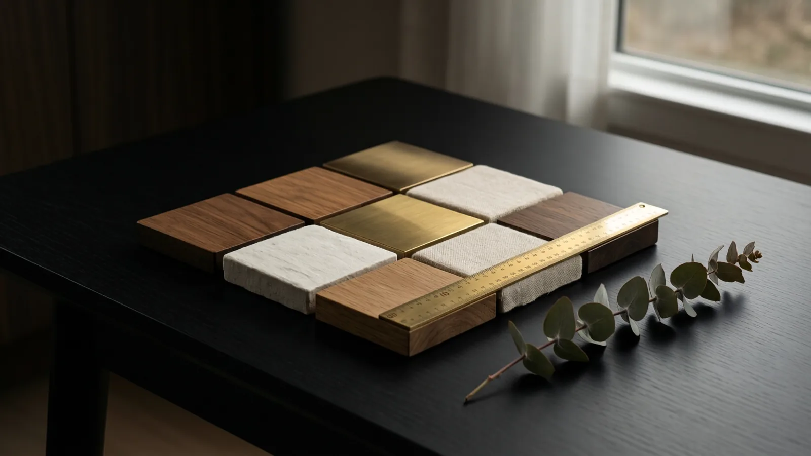 A material sample board of stone, oak, brass, linen and wool