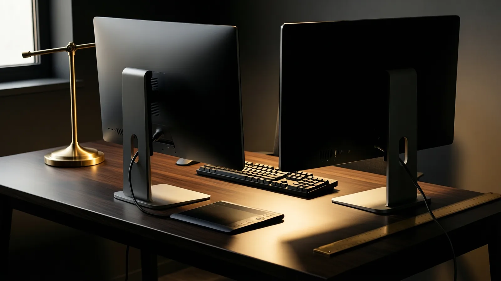 A studio workstation with two monitors, keyboard and graphics tablet