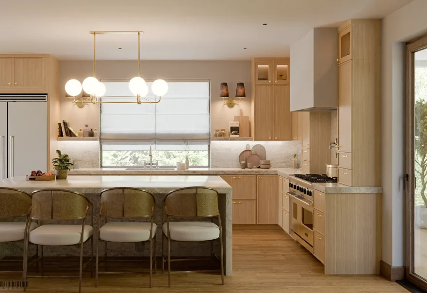 Photorealistic 3D interior rendering of a white oak kitchen with a marble island and warm pendant lighting