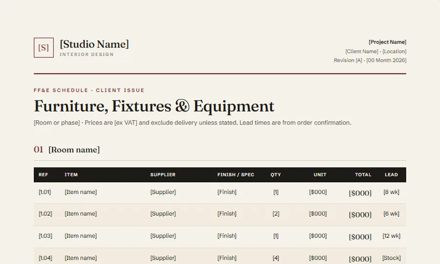 FF&E schedule template, QUARTO house style
