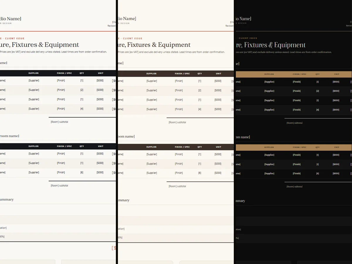 FF&E schedule shown in three different house styles